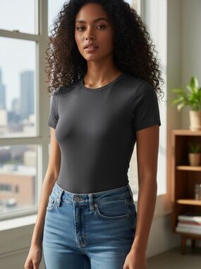Slim Fit Crew Neck Women's bodysuit in Charcoal